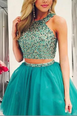 Two Piece Beading Short Prom Dress,Layers Chiffon Halter Homecoming Dress Party Dress,SH119