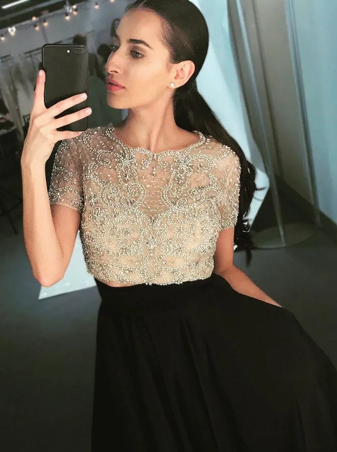 Two Piece Crew Short Sleeves Floor-Length Black Prom Dresses with Beading OKL89