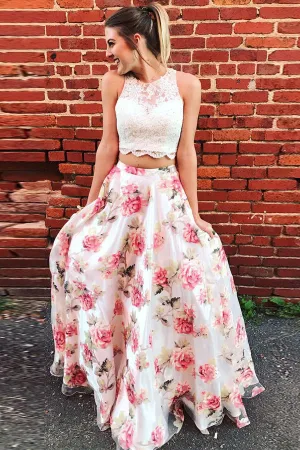 Two Piece Floral Long Lace A Line Prom Dresses Graduation Party Dress OK880