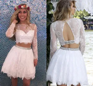 Two Piece Lace Short Long Sleeve Beading Open Back Homecoming Dresses OKC19