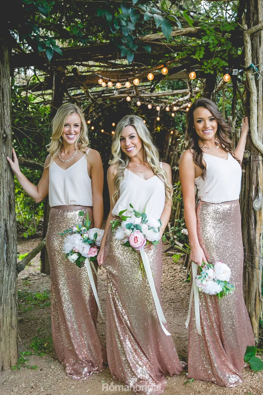 Two pieces Cheap Country Rose Gold Sequins  V-Neck Sleeveless long bridesmaid dresses , BD0423