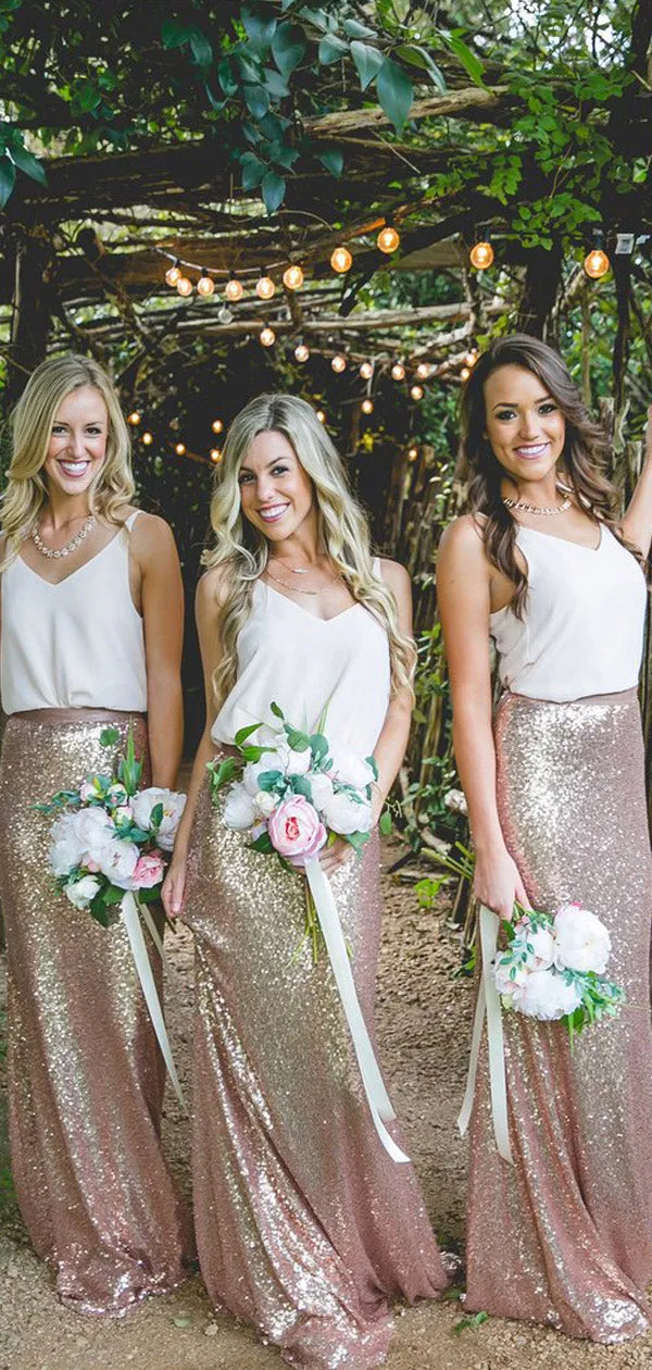 Two pieces Cheap Country Rose Gold Sequins  V-Neck Sleeveless long bridesmaid dresses , BD0423