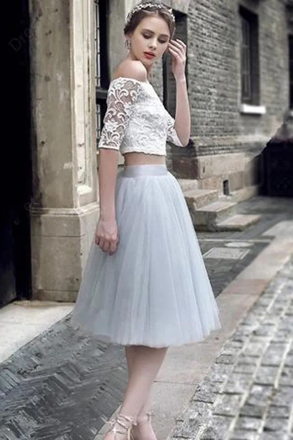 Two Pieces Half Sleeves Lace Homecoming Dresses Short Prom Dresses, SH26