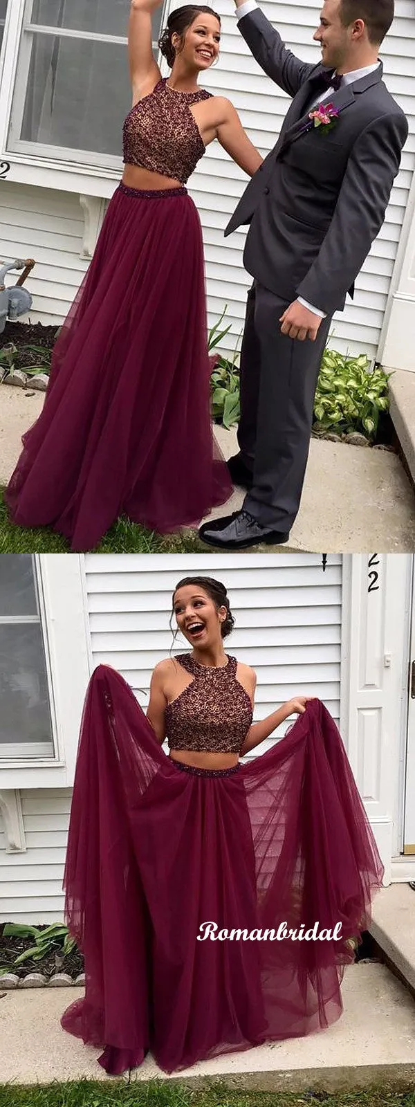 Two Pieces Halter Floor-length Beading Tulle Prom Dress, PD0622