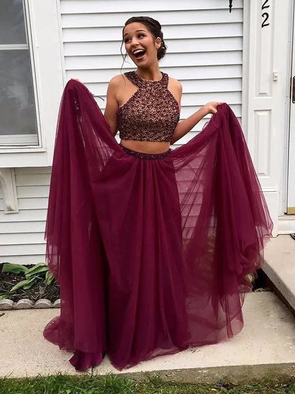 Two Pieces Halter Floor-length Beading Tulle Prom Dress, PD0622