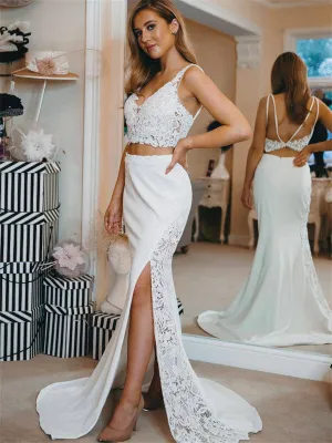 Two pieces Ivory Lace Long Prom Dresses With Split, PD0758