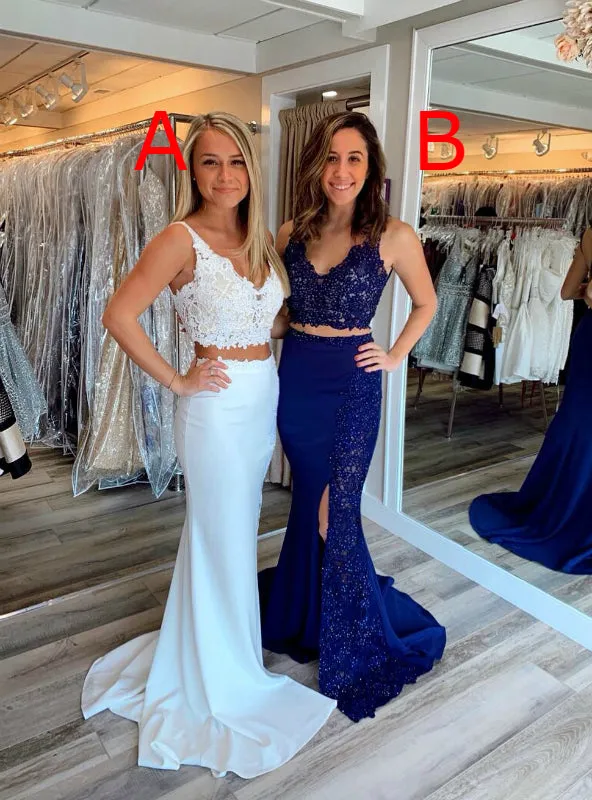 Two pieces Ivory Lace Long Prom Dresses With Split, PD0758