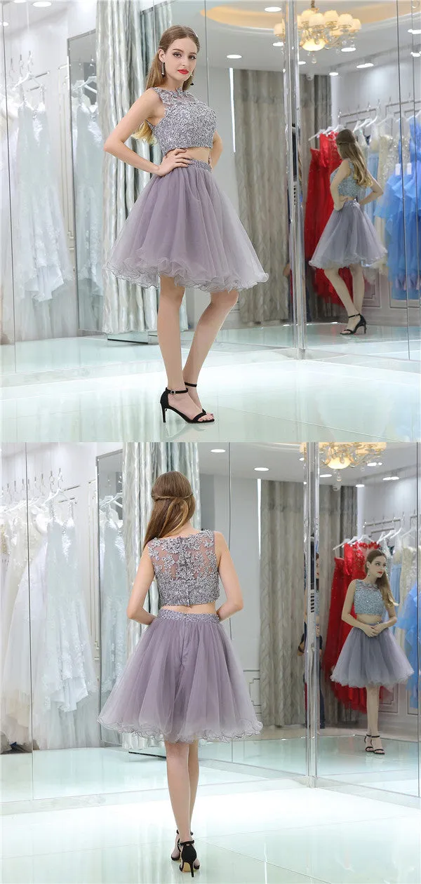 Two-pieces Lace Appliques Short Tulle Homecoming Dresses, HD0495