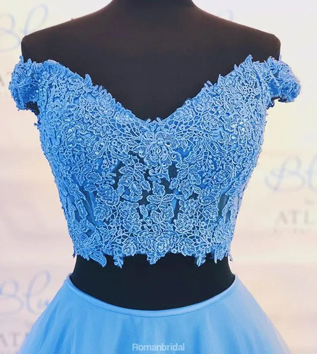 Two pieces Off-shoulder Blue Floor-length Lace Prom Dress, PD0632