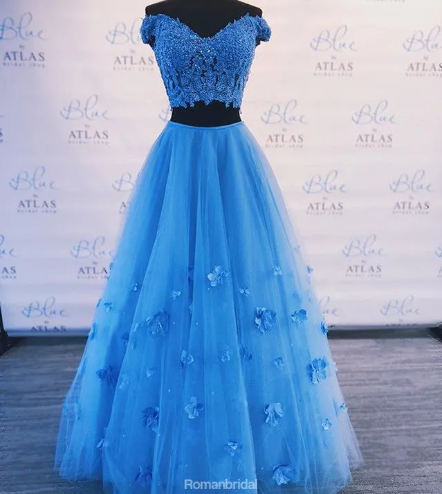 Two pieces Off-shoulder Blue Floor-length Lace Prom Dress, PD0632