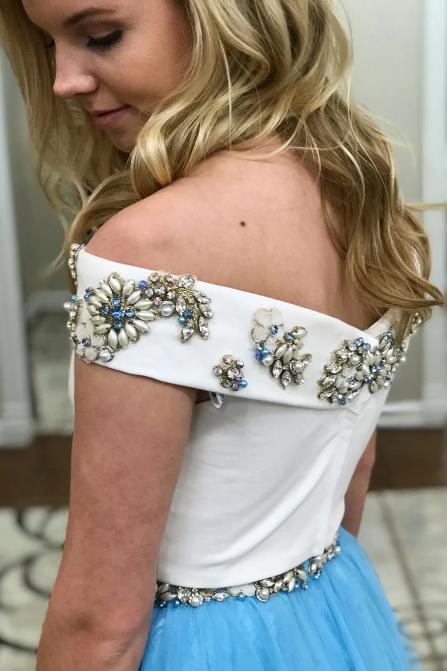 Two Pieces Off the Shoulder Pink Blue Long Lace Beading Prom Dress with Side Slit OK968