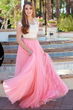 Two Pieces Off the Shoulder Pink Blue Long Lace Beading Prom Dress with Side Slit OK968