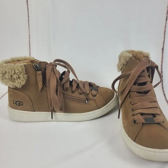 UGG‎ Girls Pure Leather Lace Up Zipper Sneaker Boots with Wool Fur Size 5
