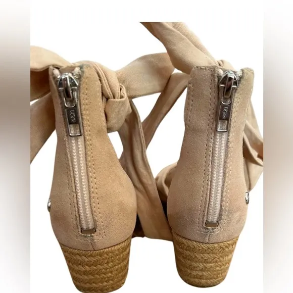 UGG Yarrow Cream Espadrille Canvas Suede Wedge Sandal Bow-Tie Around Ankle -Sz 6