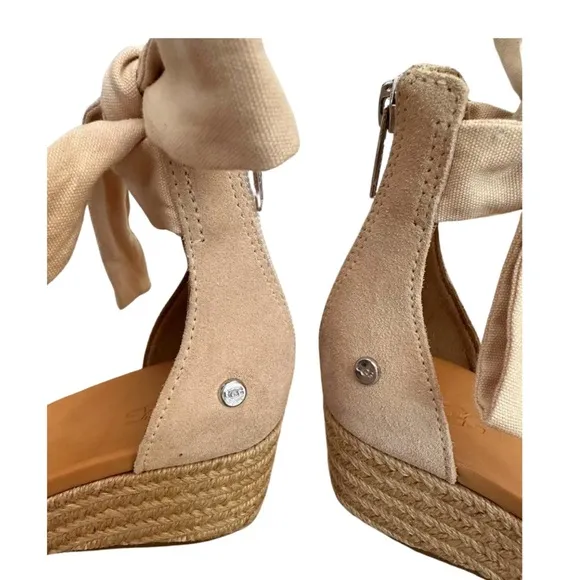 UGG Yarrow Cream Espadrille Canvas Suede Wedge Sandal Bow-Tie Around Ankle -Sz 6