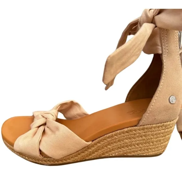 UGG Yarrow Cream Espadrille Canvas Suede Wedge Sandal Bow-Tie Around Ankle -Sz 6