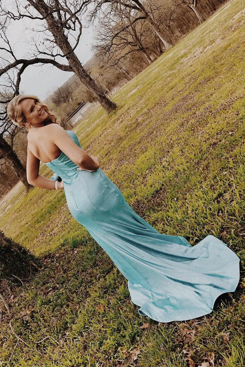 Unique Strapless Mermaid Zipper Back Long Prom Dresses With Split, PD0776