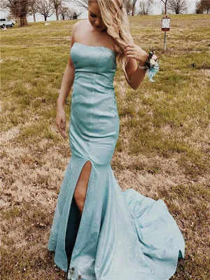 Unique Strapless Mermaid Zipper Back Long Prom Dresses With Split, PD0776