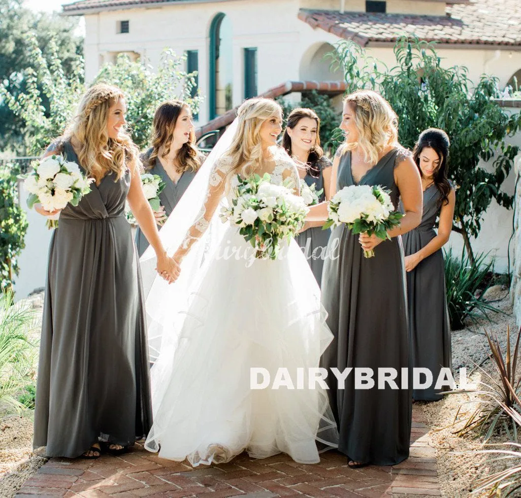 V-Neck Chiffon Open-Back Bridesmaid Dress, A-Line Cheapest Lace Bridesmaid Dress, D633