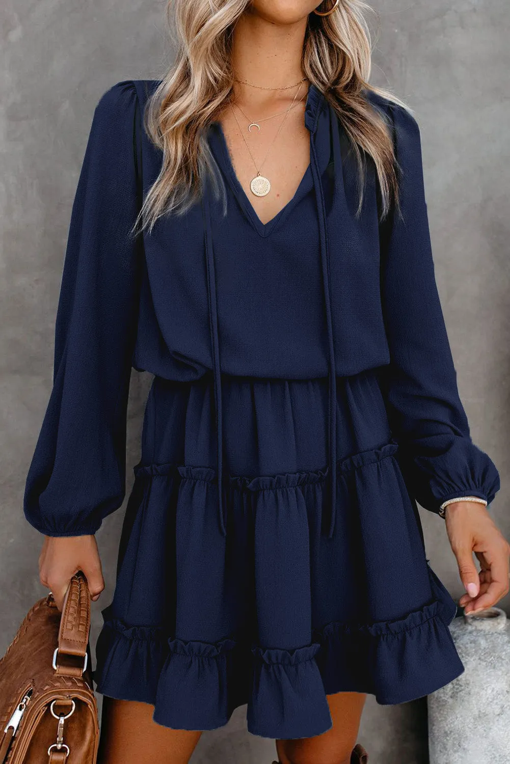 V Neck Long Sleeve Ruffle Tiered Mini Dress