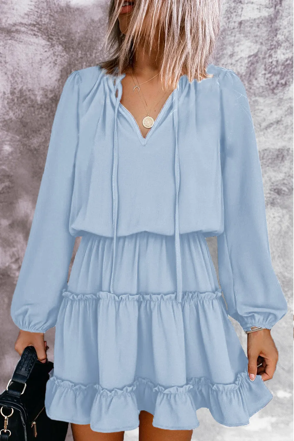 V Neck Long Sleeve Ruffle Tiered Mini Dress
