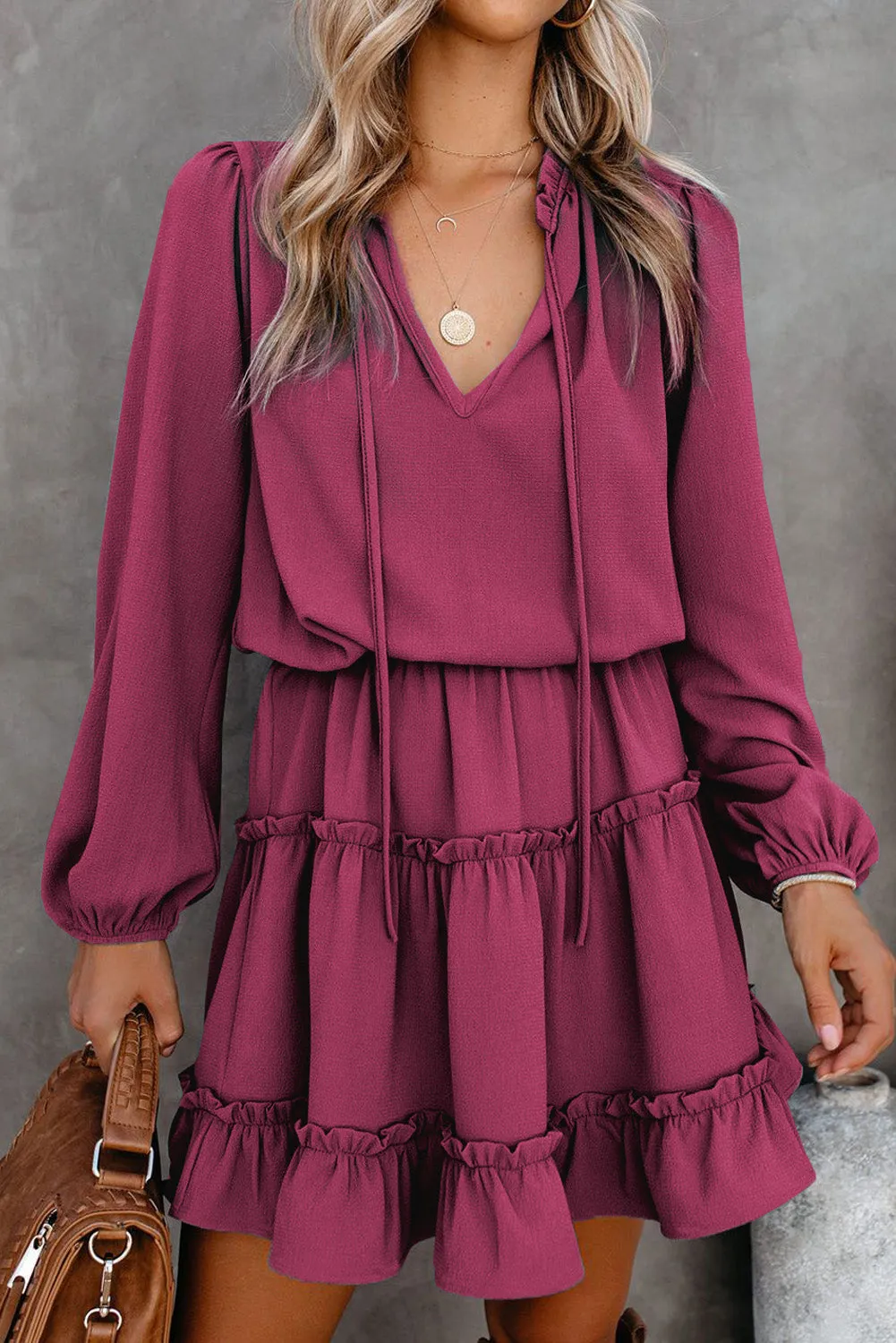 V Neck Long Sleeve Ruffle Tiered Mini Dress