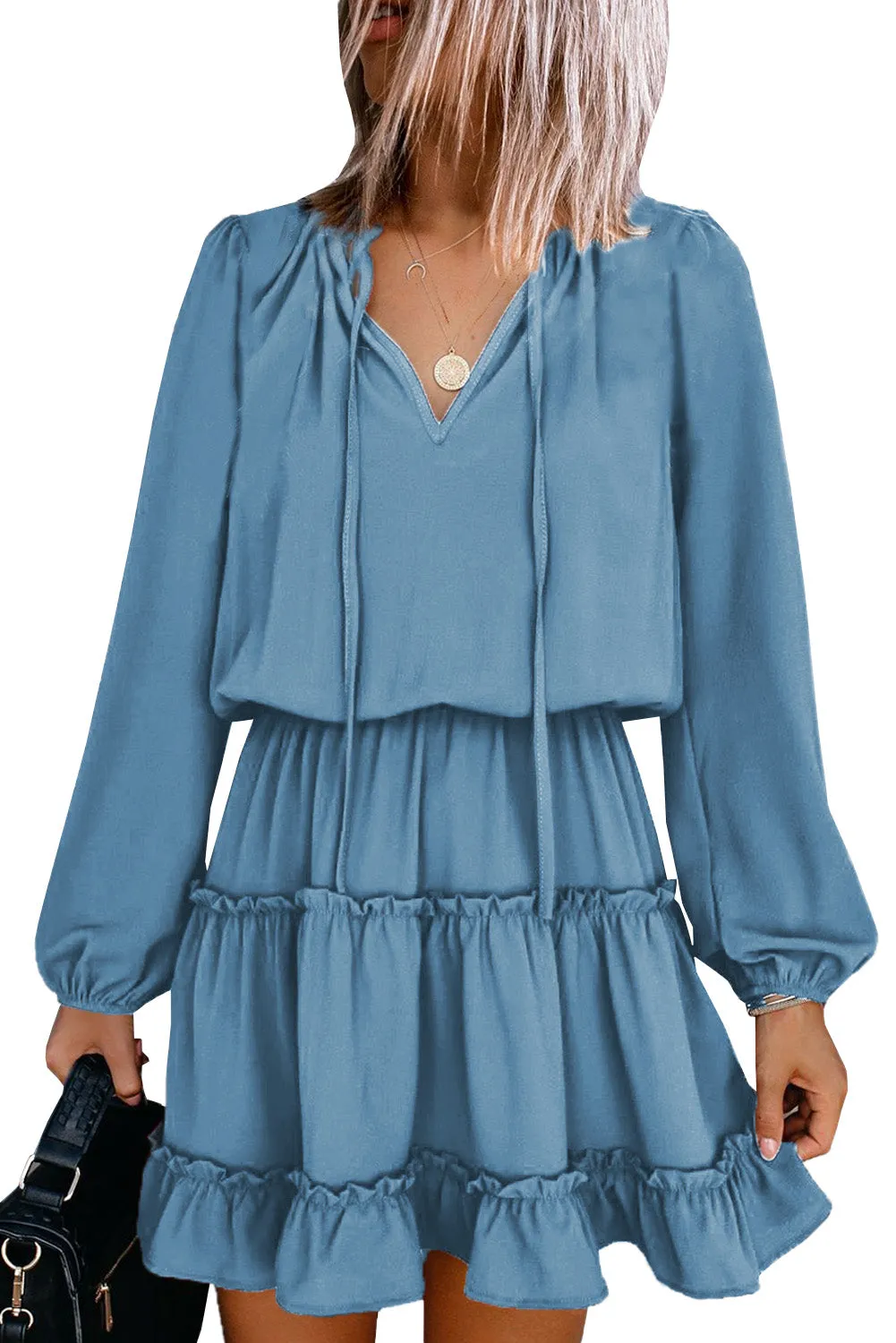 V Neck Long Sleeve Ruffle Tiered Mini Dress