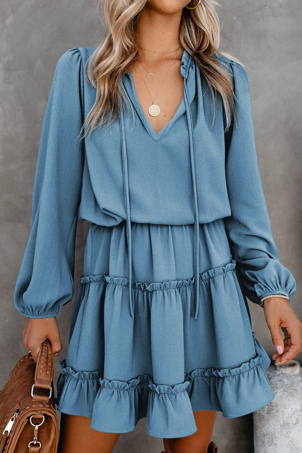 V Neck Long Sleeve Ruffle Tiered Mini Dress