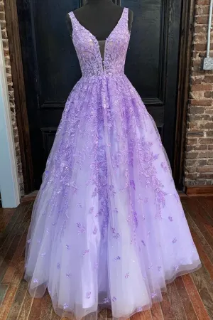 V Neck Purple Lace Appliques Prom Dress A-line Long Formal Evening Dress OKX32