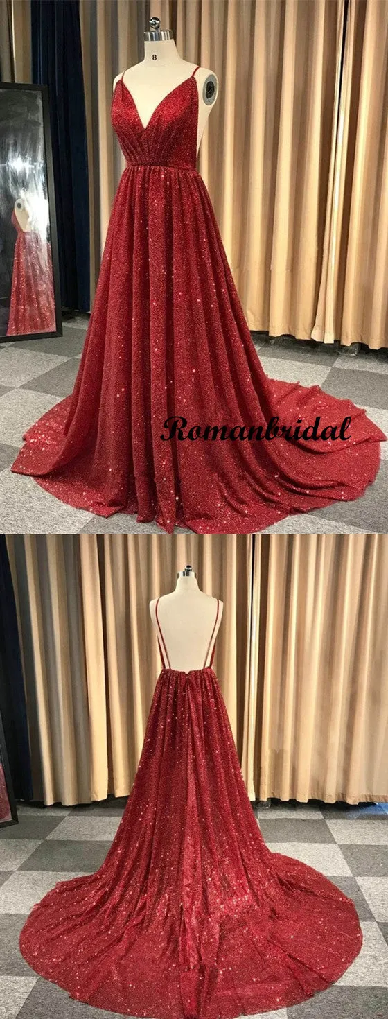 V-Neck Spaghetti Straps Red Sequins Long Prom Dress With Pleats, PD0620