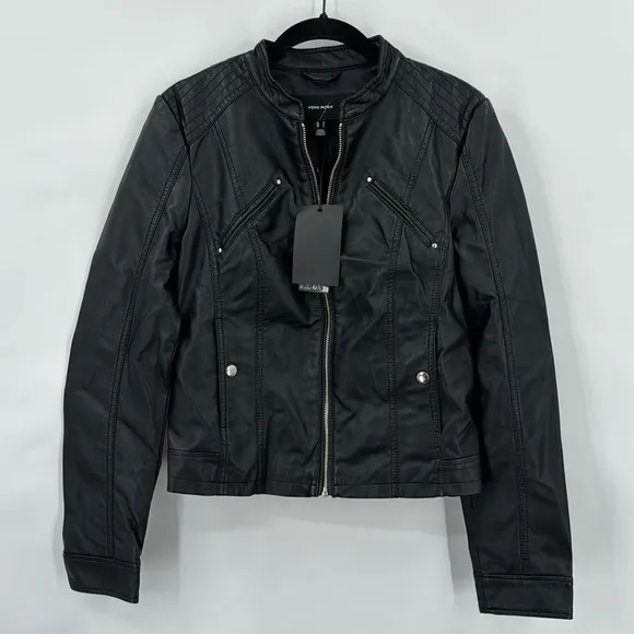 Vero Moda Favodona Faux Leather Moto Jacket Full Zip Casual Size Medium