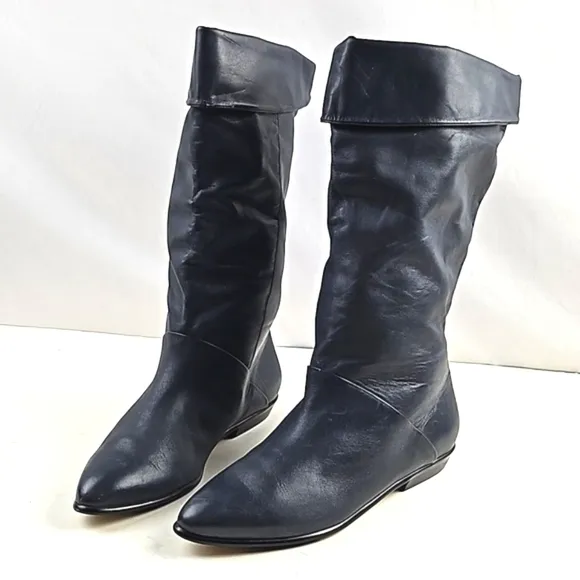 Vintage 80s Studio 10 Navy Leather Almond Toe Foldover Pull On Slouch Boot