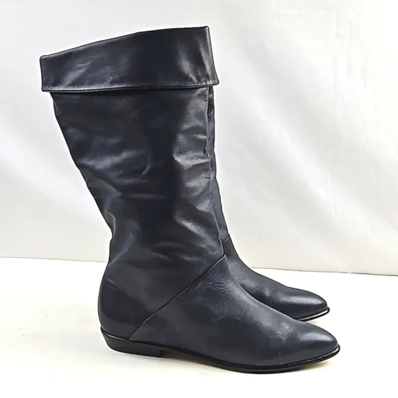 Vintage 80s Studio 10 Navy Leather Almond Toe Foldover Pull On Slouch Boot
