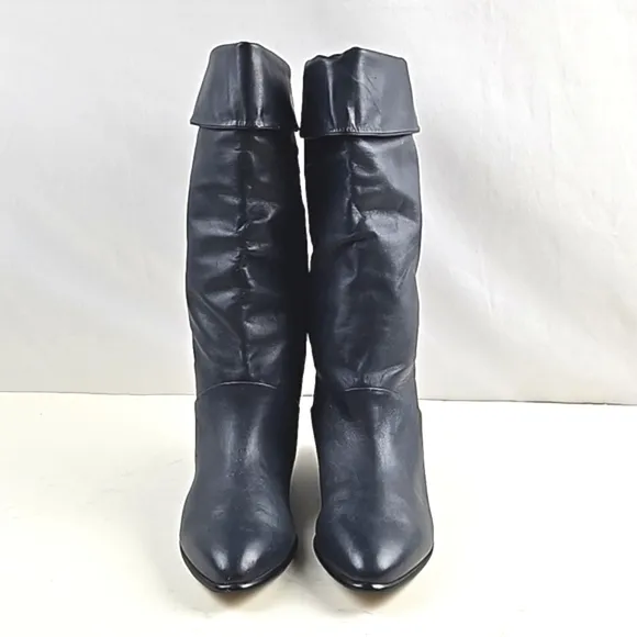 Vintage 80s Studio 10 Navy Leather Almond Toe Foldover Pull On Slouch Boot