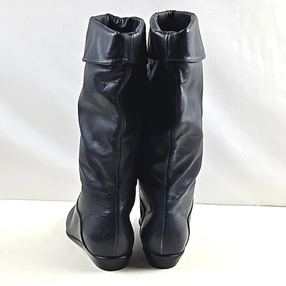 Vintage 80s Studio 10 Navy Leather Almond Toe Foldover Pull On Slouch Boot