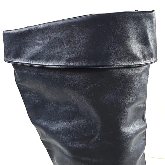Vintage 80s Studio 10 Navy Leather Almond Toe Foldover Pull On Slouch Boot