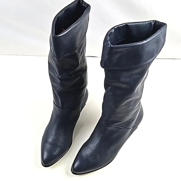 Vintage 80s Studio 10 Navy Leather Almond Toe Foldover Pull On Slouch Boot