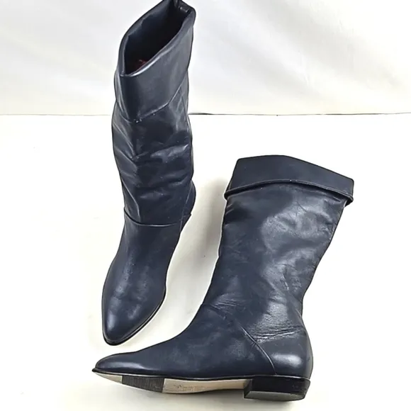 Vintage 80s Studio 10 Navy Leather Almond Toe Foldover Pull On Slouch Boot