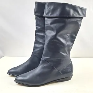 Vintage 80s Studio 10 Navy Leather Almond Toe Foldover Pull On Slouch Boot