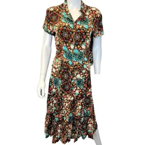 Vintage 90s Colorful Boho Set Women Medium Button Top Shirt Midi Skirt 8 10 Star