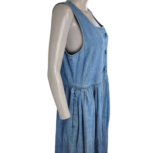 Vintage 90s Denim Midi Dress Women Large Teacher Casual Retro Blue Jean 12 Fall