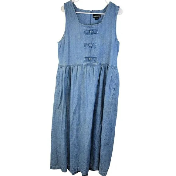 Vintage 90s Denim Midi Dress Women Large Teacher Casual Retro Blue Jean 12 Fall