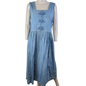 Vintage 90s Denim Midi Dress Women Large Teacher Casual Retro Blue Jean 12 Fall