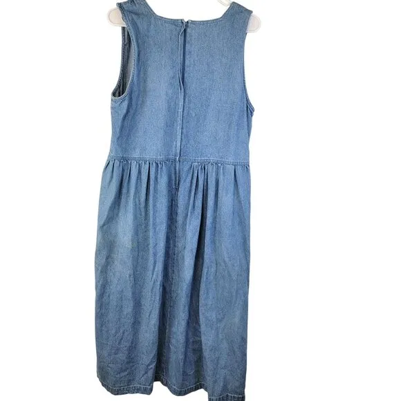 Vintage 90s Denim Midi Dress Women Large Teacher Casual Retro Blue Jean 12 Fall