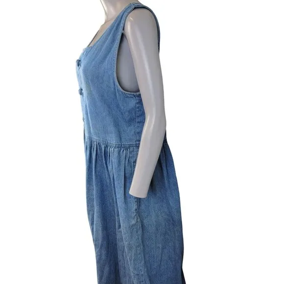 Vintage 90s Denim Midi Dress Women Large Teacher Casual Retro Blue Jean 12 Fall