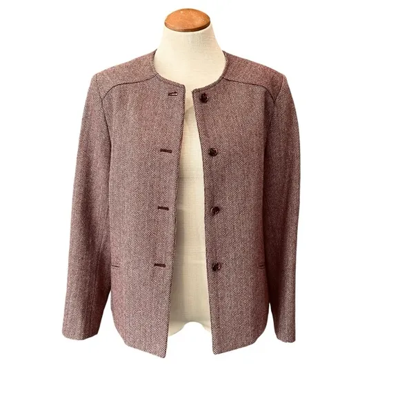 VINTAGE WOOL LADY JACKET ASTOR ONE BURGUNDY MAROON HERRINGBONE WINTER BLAZER