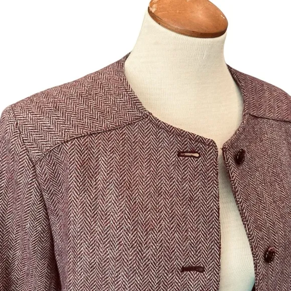 VINTAGE WOOL LADY JACKET ASTOR ONE BURGUNDY MAROON HERRINGBONE WINTER BLAZER