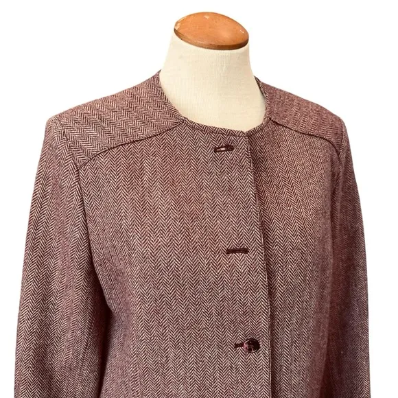 VINTAGE WOOL LADY JACKET ASTOR ONE BURGUNDY MAROON HERRINGBONE WINTER BLAZER