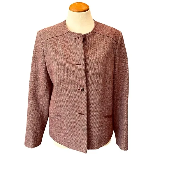 VINTAGE WOOL LADY JACKET ASTOR ONE BURGUNDY MAROON HERRINGBONE WINTER BLAZER