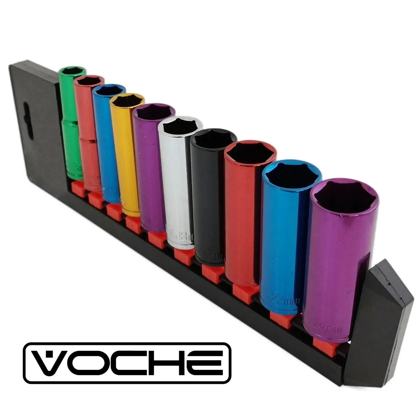 Voche Pro 10 Piece 1/2" Deep Drive Coloured Socket Set With Storage Rail